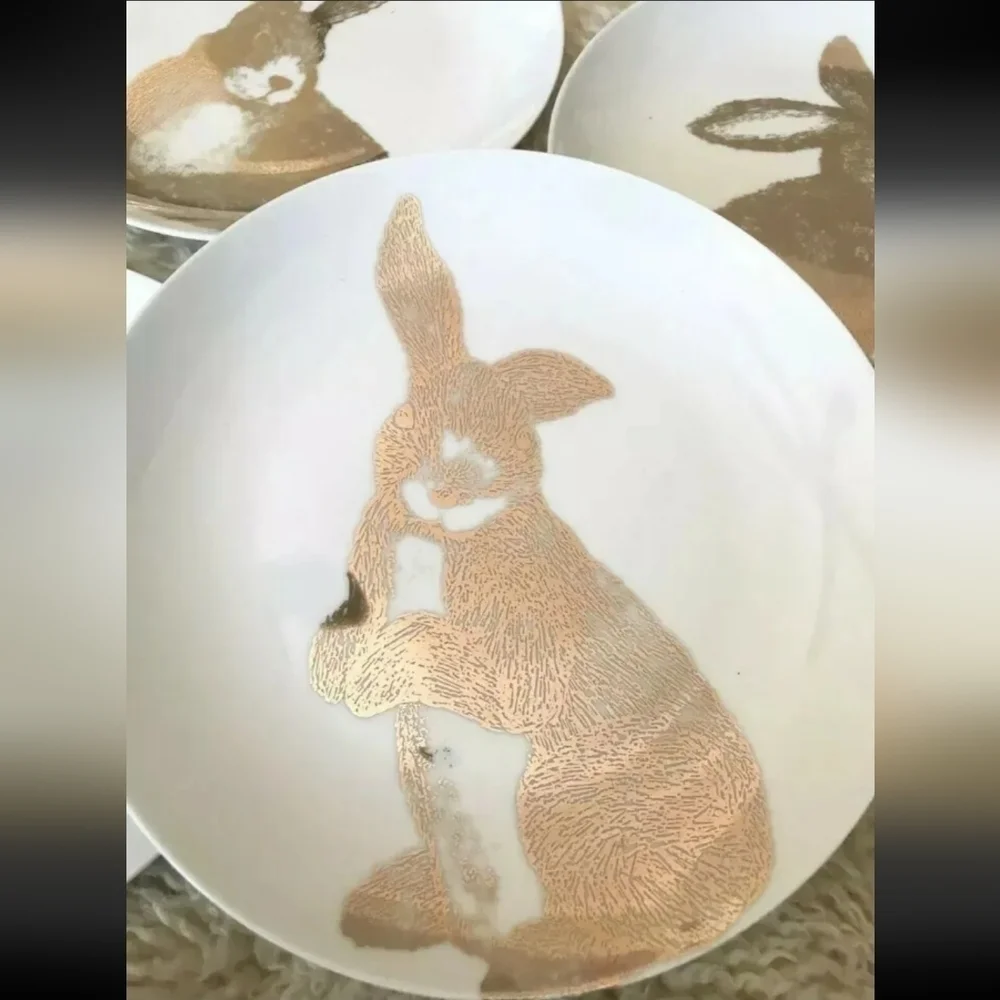 4 New PIER 1 Metallic Gold Easter Bunny Rabbit Salad Appetizer Dessert Plates